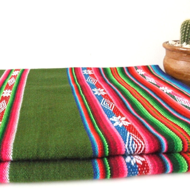 Tribal Fabric, Latin American, Navajo, Ethnic, Stripes, Green, over 1 Yard