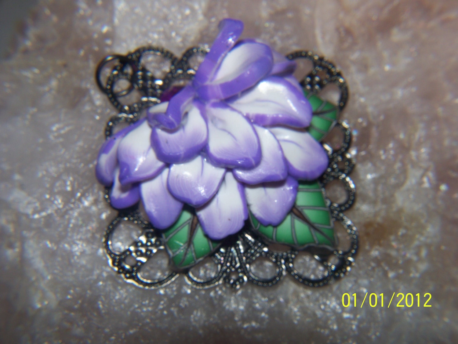 Broach or Pendant - Lilac & White Petal Flower On Filigree