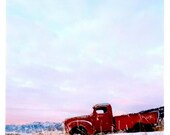 Red truck, old, photographic, Wyoming, greeting card, snowy mountain scene, blank, paper, vertical