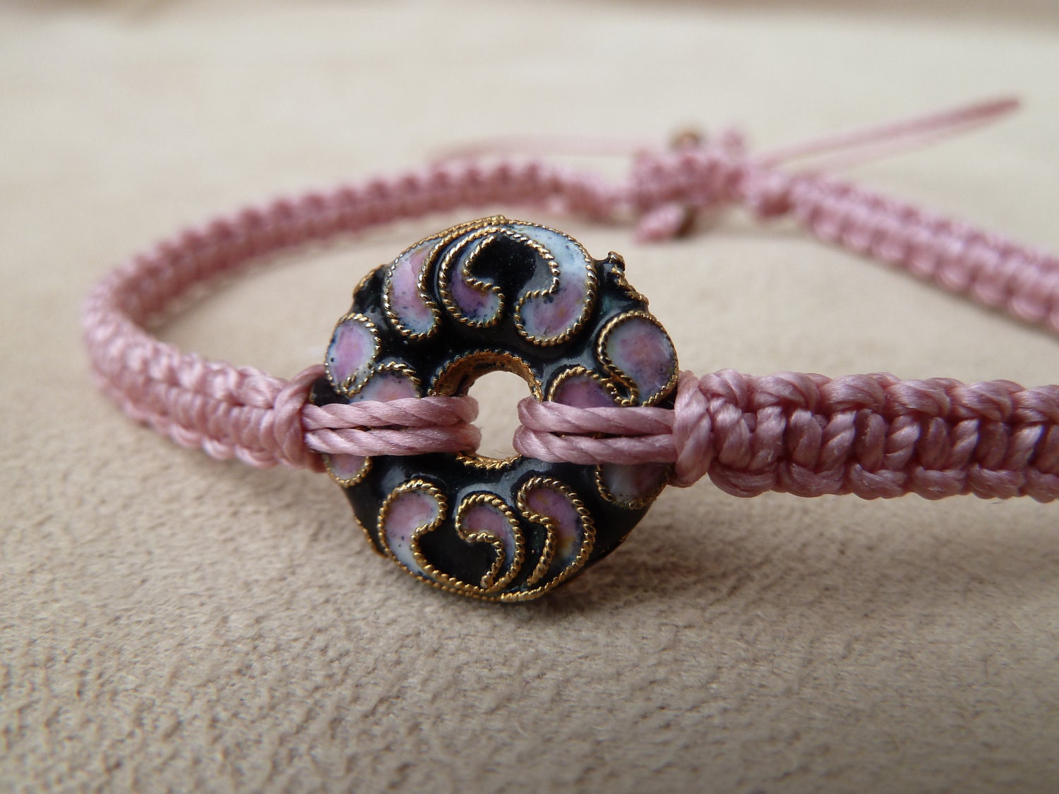 Pink and Black Macrame Bracelet with a Cloisonne donut & Sliding Adjustable Closure