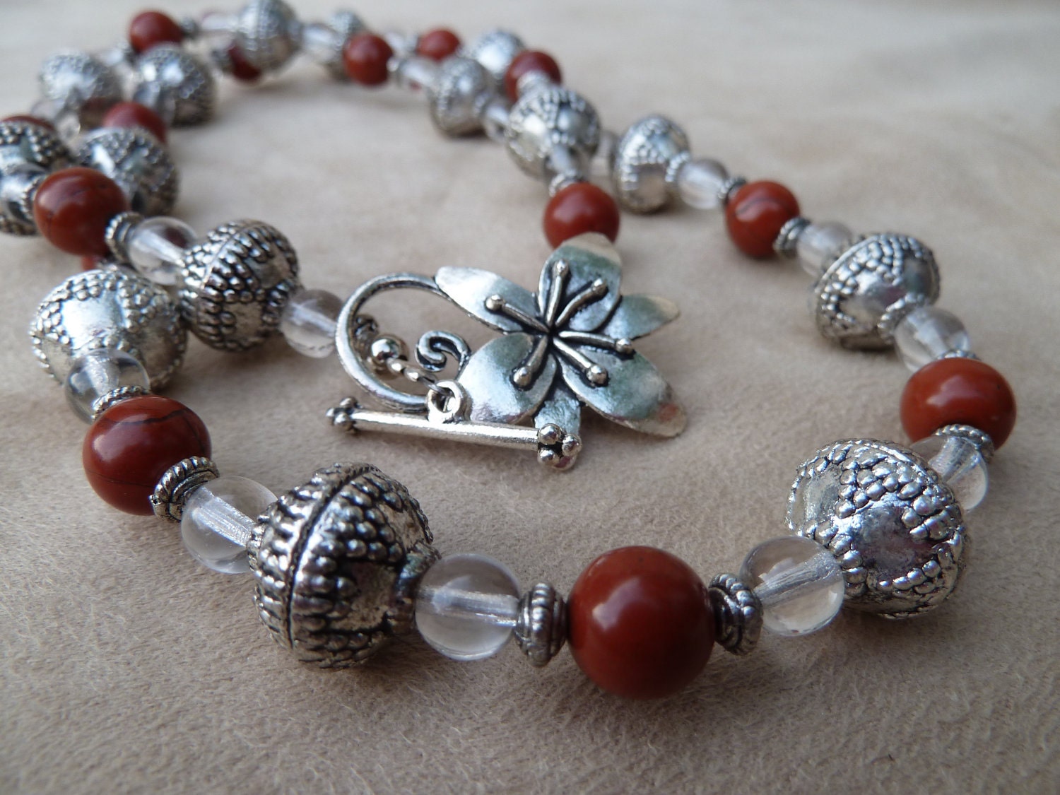 ON SALE Beaded Necklace with Rusty Orange Stone and Silver Beads