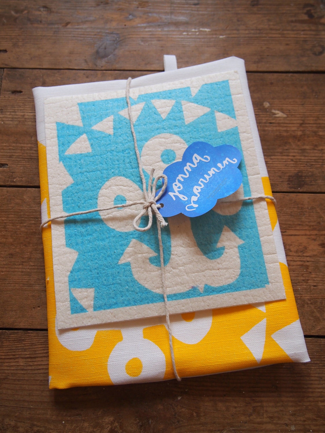 Hand printed 'Sundial Anchor' Tea Towel and a dishcloth bundle - baby blue & yellow