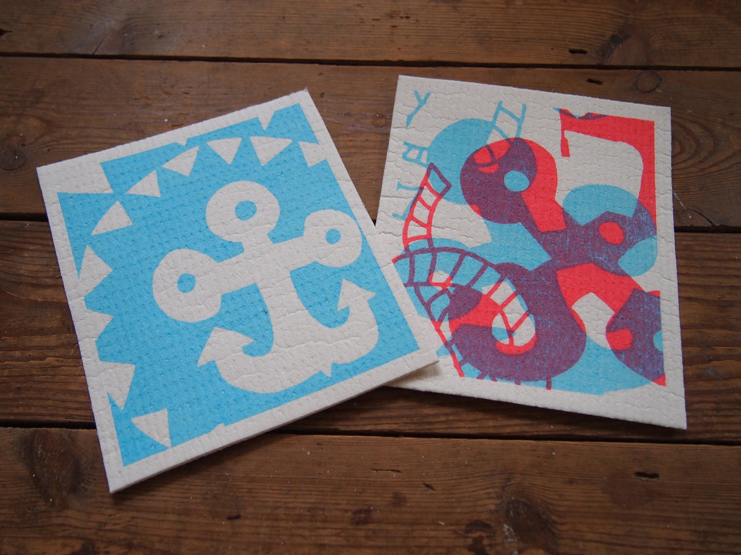 A pair of hand printed Anchor dishcloths - biodegradable