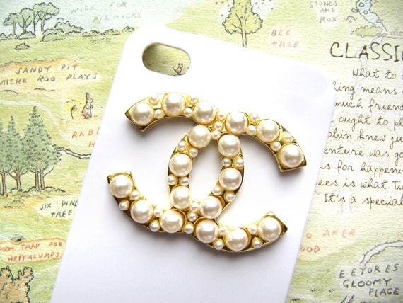 Golden CC Designer Logo with Pearl Deco Monogram Cabochon Flatback 1 Pieces