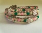 New Style Double Wrap Hemp Choker Necklace, Bracelet and Earring Set with Fimo Flower Beads