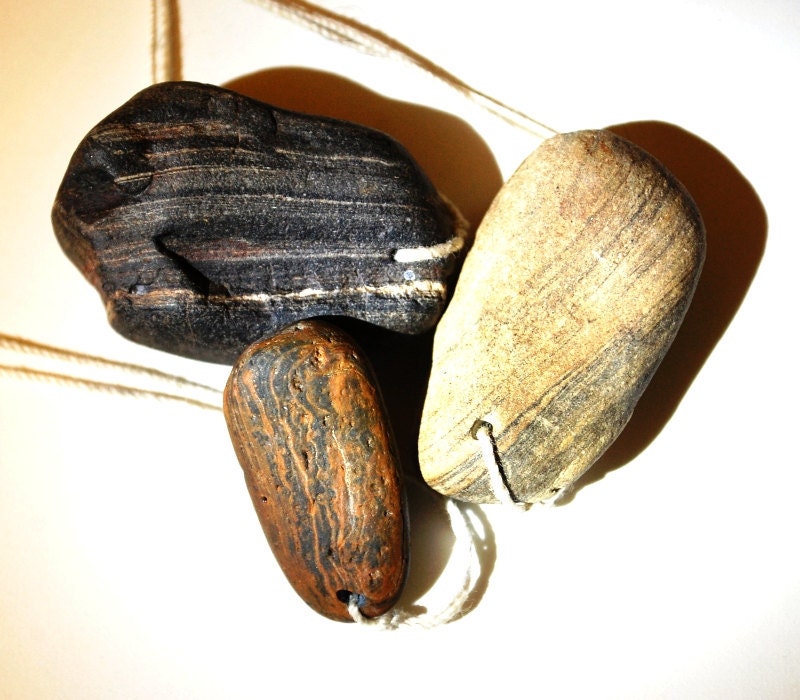 3 drilled striped sandstones, petrified wood, from the Alsea River, Oregon