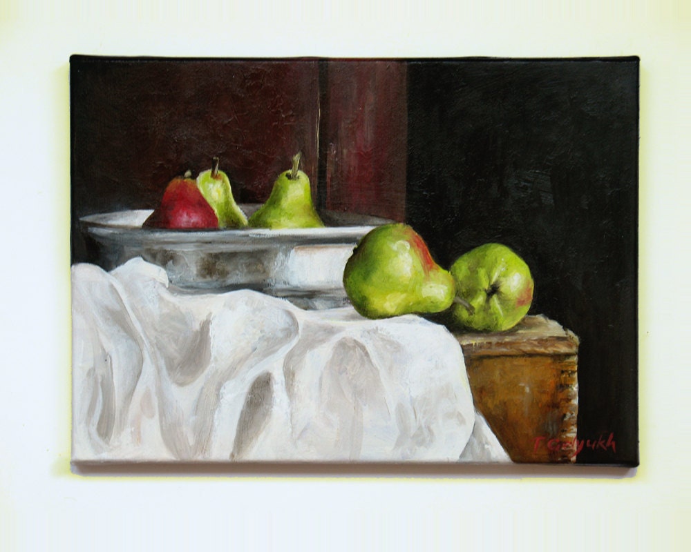 Original Oil Painting On Canvas READY TO HANG Still Life, Pears / green, red, black, brown and white