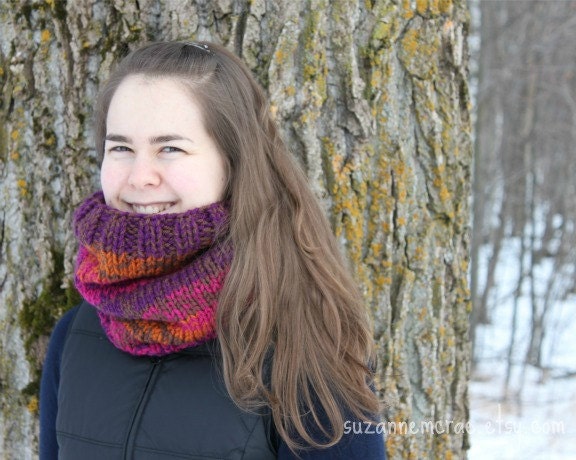 Multi-colored knitted cowl chocolate rust magenta eggplant colors