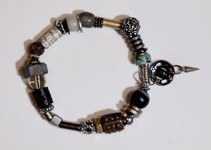 Handmade Mixed Media Industrial Charm Bracelet with Metal Beads and Hardware