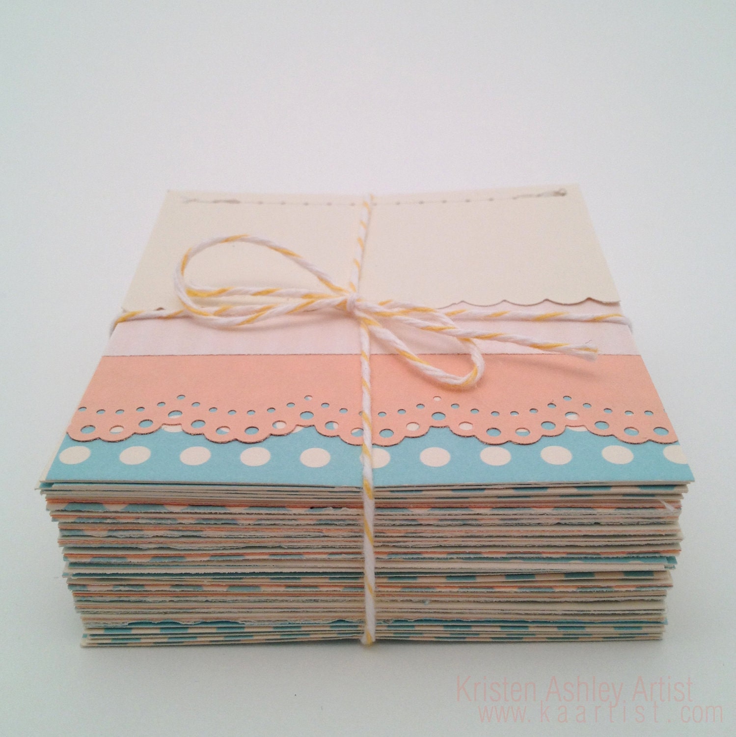 Set of 25 (3x3) Cards / Gift Tags : layered and stitched mini cards in scalloped cream, white stripe, pink eyelet, & blue polka dot
