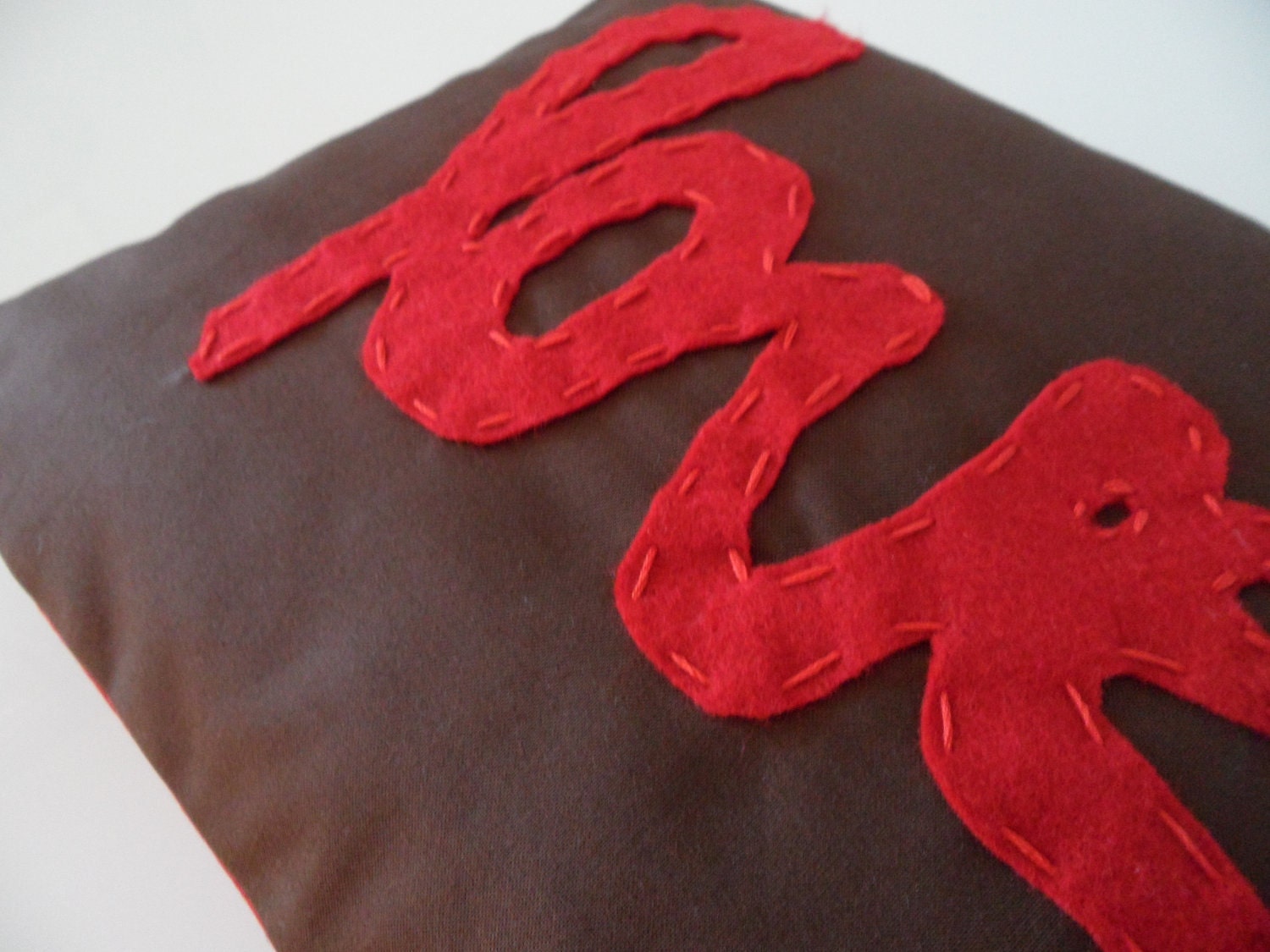 Custom Applique Love Pillow Chocolate Brown With Red Love Applique Handmade