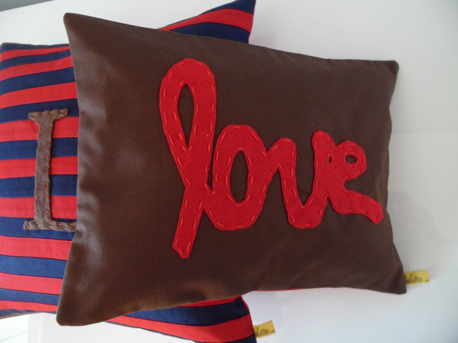Custom Applique Love Pillow Chocolate Brown With Red Love Applique Handmade