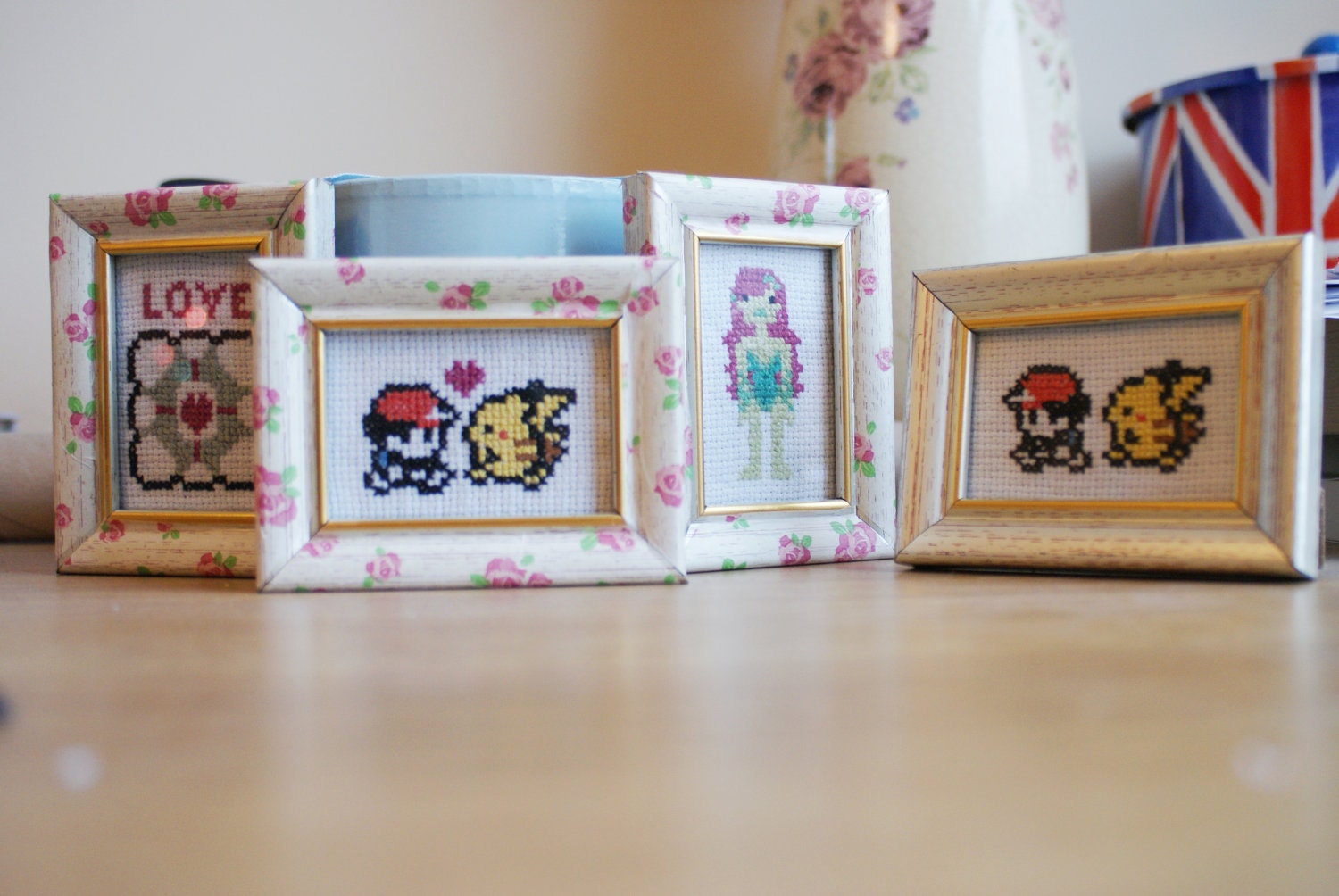 SALE - Trainer, Pikachu & love heart: Pokemon-inspired mini cross stitch in a vintage floral rose-patterned "shabby chic" frame