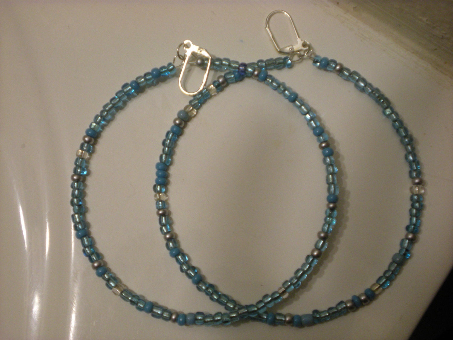 Large Blue and Silver Beaded Hoop Earring