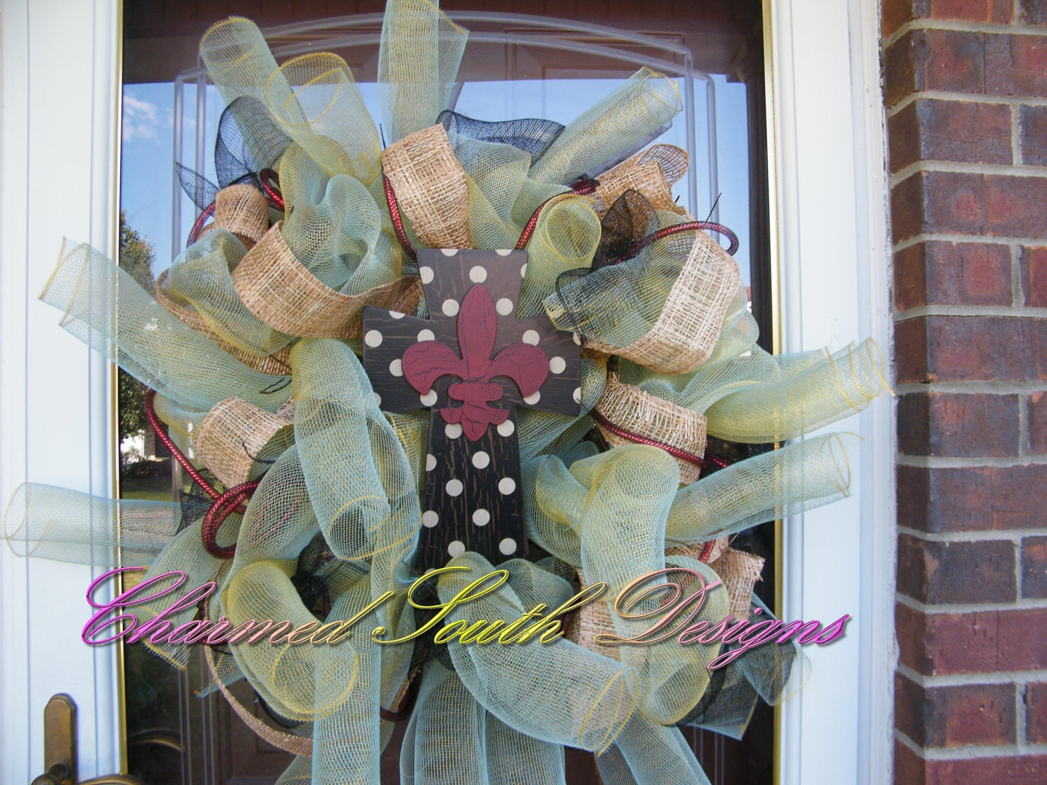 Twisted Fleur De Lis Cross Deco Mesh Wreath