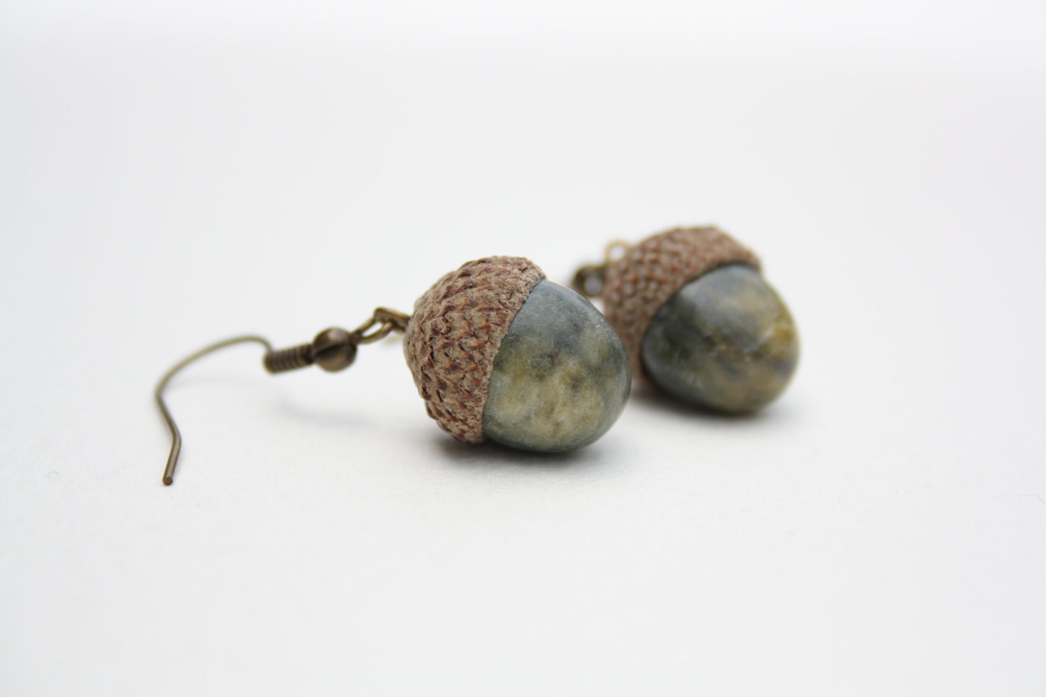 Green Acorn Earrings, Hand-Sculpted Soapstone with Natural Cap - LaForetDesGemmes