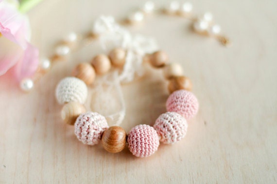 Crochet Teething Nursing bracelet with vintage lace in spring bloom blossom Baby pale pink and Cream white
