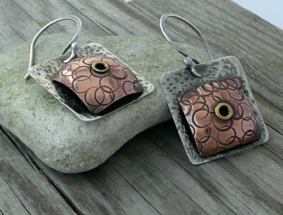 Dangle, Drop Earrings, Cold Connections, Sterling Silver, copper, brass