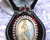 Antique Georgian Mourning Locket Miniature Painting Silver Gold Pearl