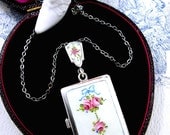 Antique Art Deco Locket Guilloche Enamel Roses Sterling Silver Minaudiere 1940s