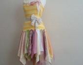 Rainbow Dress Upcycled Woman's Clothing Romantic Eco Style Pastel Fairy Pink Cotton Peach Lace Orange Yellow Lemon OOAK