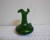 1930s Hand Blown Dark Green Iridescent Ruffled Pitcher / Gorgeous / Pontel /  SALE