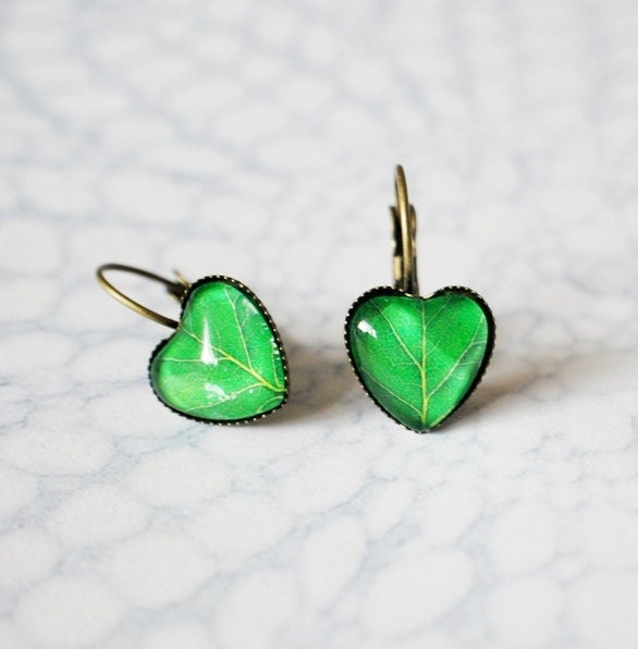 Leaf Earrings Green Leaf Wearable Art Earrings Antique Brass Spring Dangle