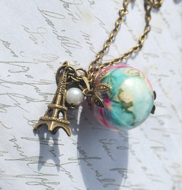 Shabby Chic Style Necklace 01  Resin Jewelry Paris Spring Vintage Large Bead Necklace Cherry Blossom Flower Pink Turquoise Pearl Nostalgic