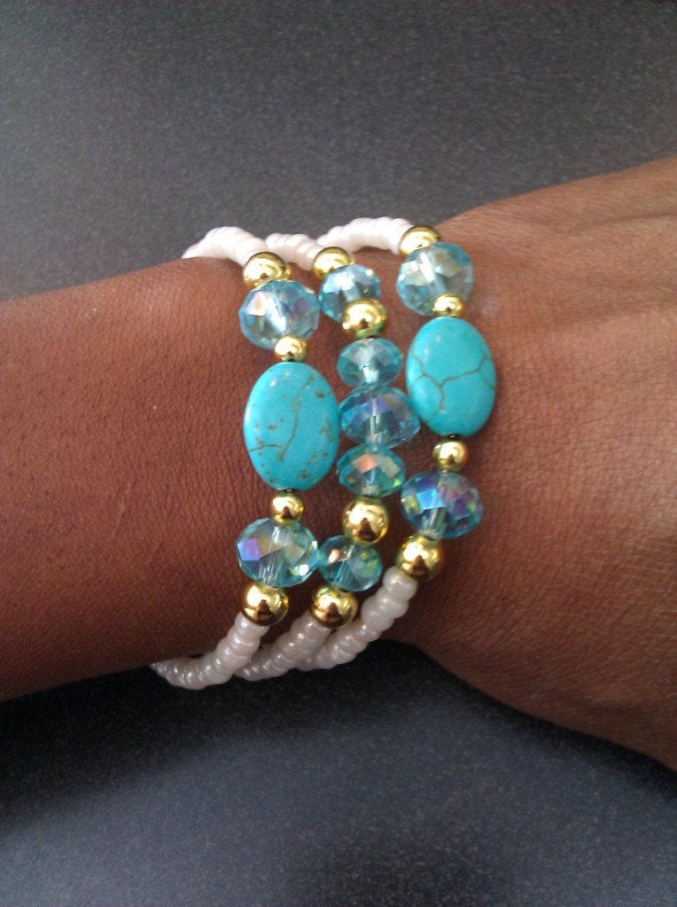 Crystal and turquoise beaded cuff bracelets - Set of 3