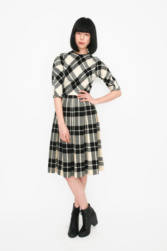 Vintage 1950's Wool Black and White Plaid Pleated Dress