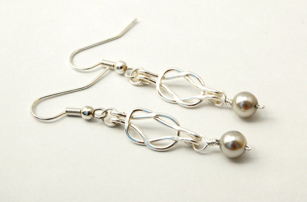 Silver Knot Earrings with Gray Pearls - Wedding Bridal Earrings - Tie The Knot