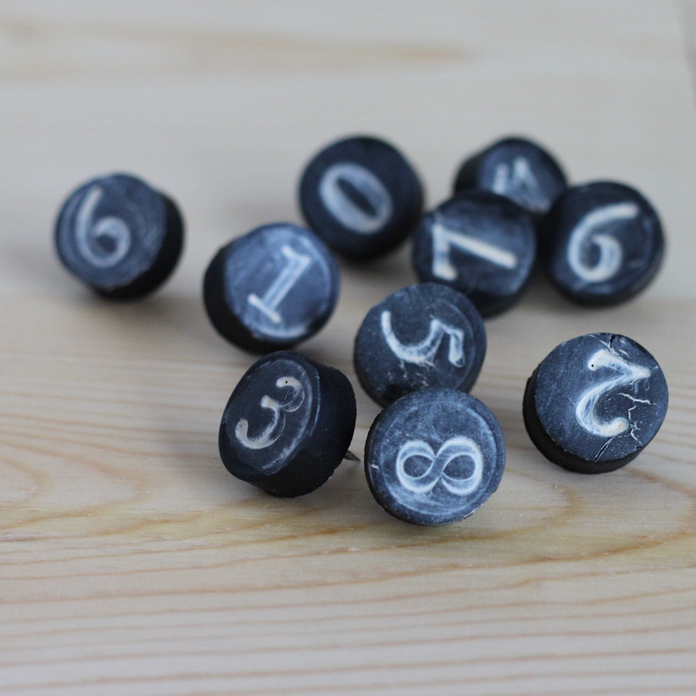 number thumbtack push pins, black clay