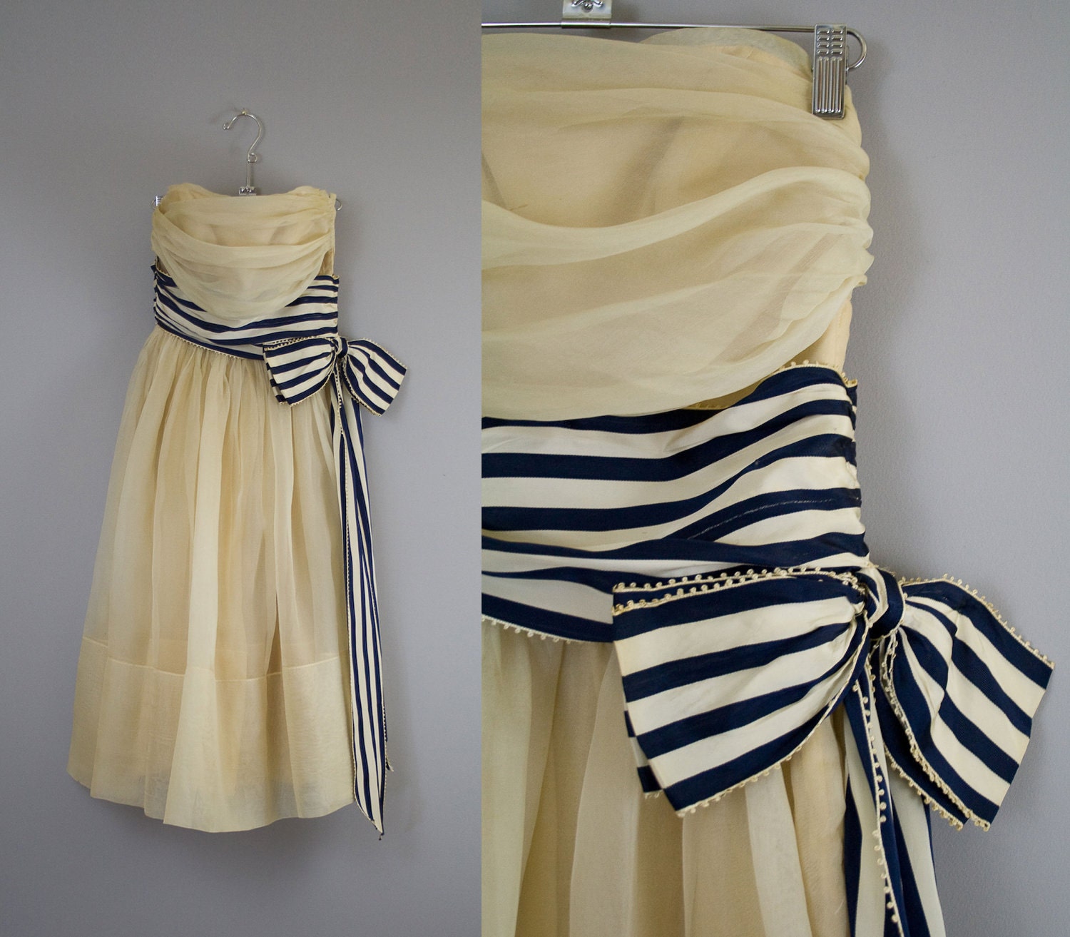 RESERVED vintage 50s prom dress // 1950s cream gown with striped bow