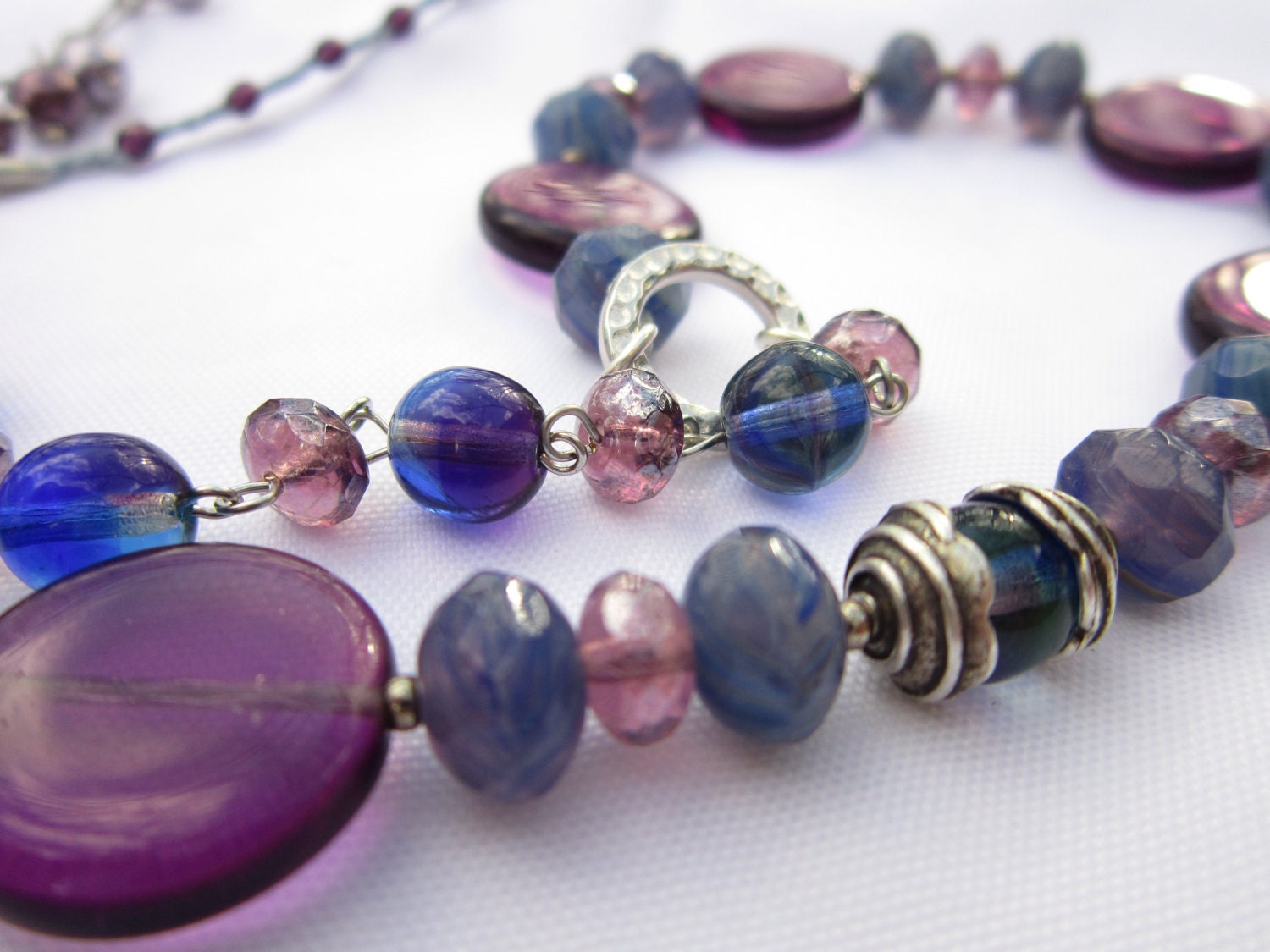 Cobalt Blue and Amethyst Purple Glass Necklace with Swarovski Pearls and Black Waxed Linen Cord - Trendy, Vibrant