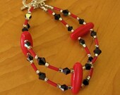 SALE  Art Deco inspired Black Crystal and Red Vintage Bead Bracelet