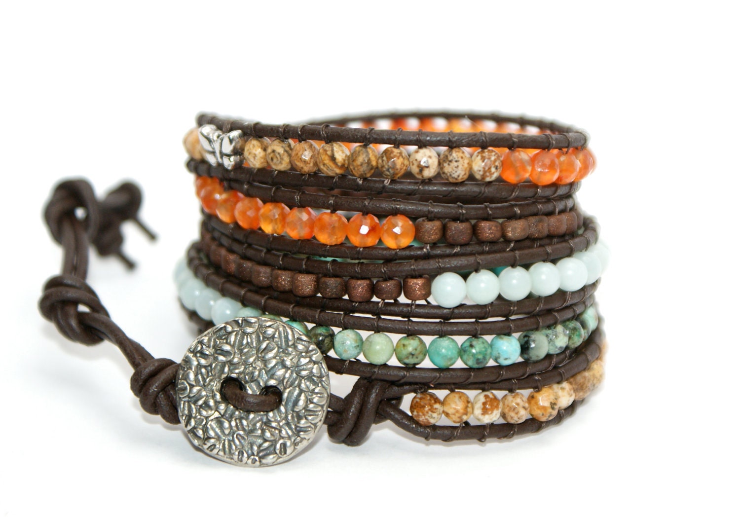 Carnelian FIVE wrap bracelet, Artisan pewter button, Butterfly charm.