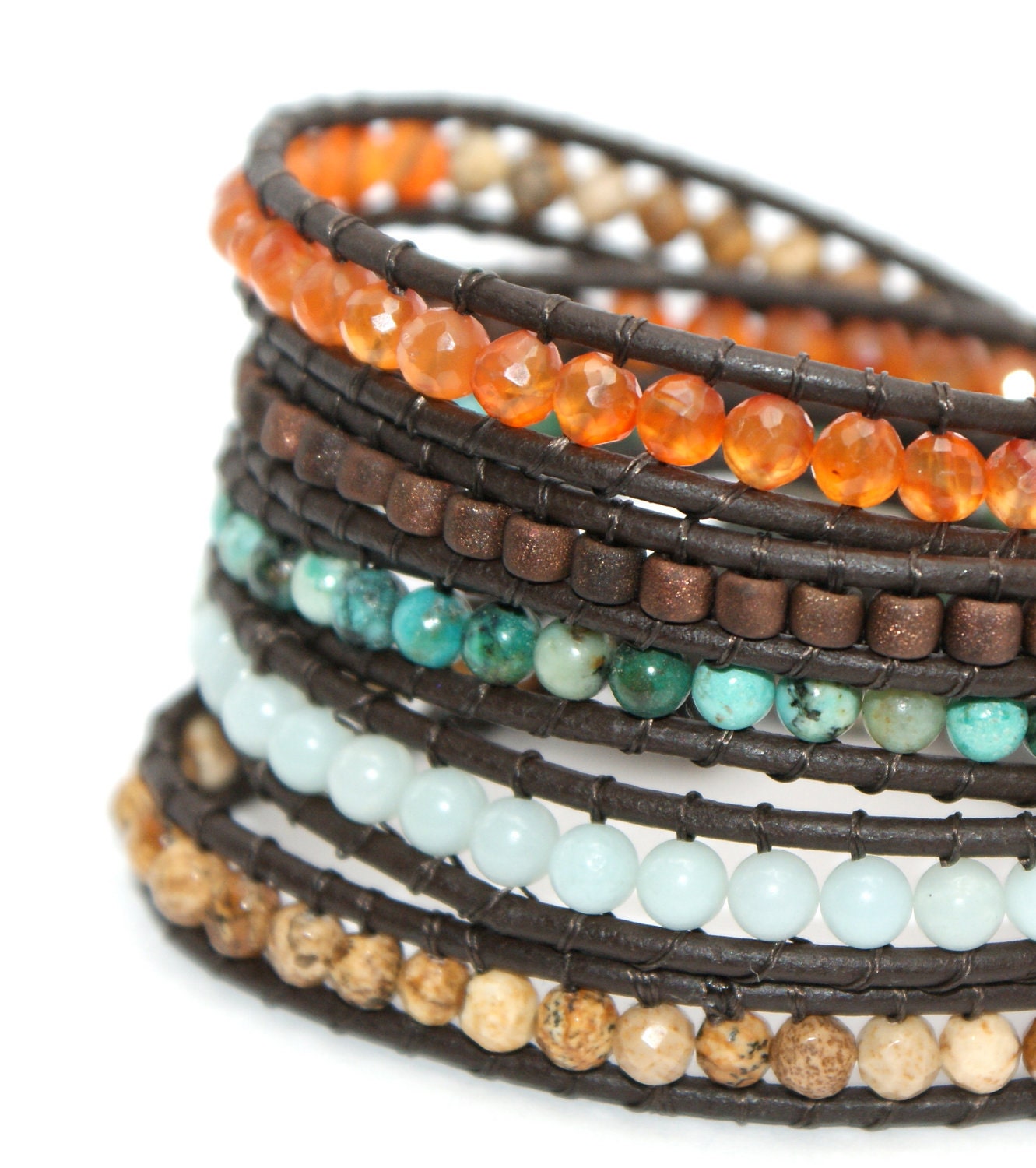 Carnelian FIVE wrap bracelet, Artisan pewter button, Butterfly charm.
