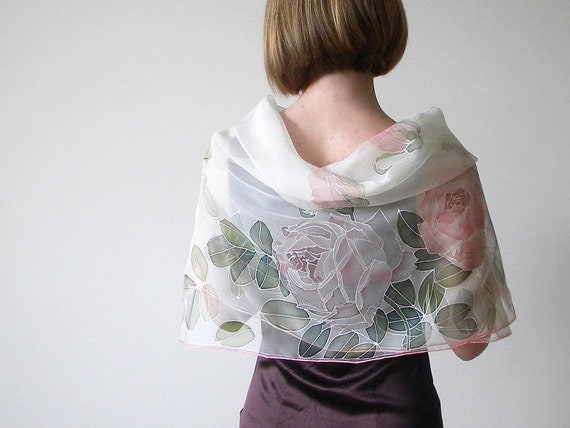 Silk chiffon scarf Hand painted Wedding accessories White pink purple roses - made TO ORDER