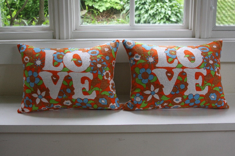 SALE - Pair of mod print "Love" pillows