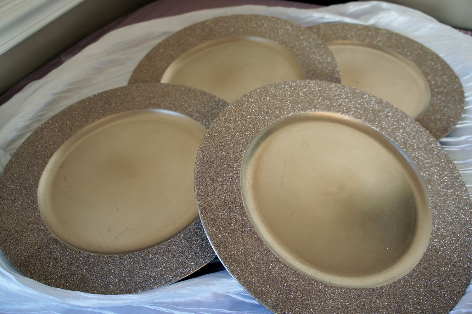Two Head Table Place Settings: Light Gold Glitter Chargers