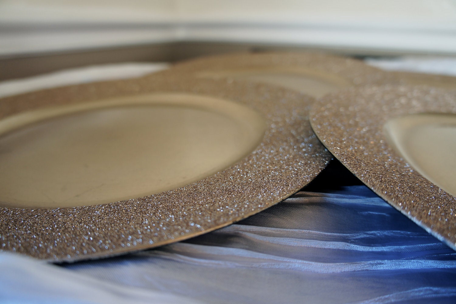 Two Head Table Place Settings: Light Gold Glitter Chargers