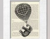 Kids wall art room decor - Traveling Elephant  Print - black and white on salvaged book page art print boys girls heart balloon