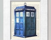 Doctor Who Tardis cabin PRINT on salvaged vintage page book art print blue telephone booth