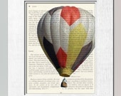 Modern Hot air balloon dirigible - vintage wall art decor Transportation Print on salvaged book page boys kids children man