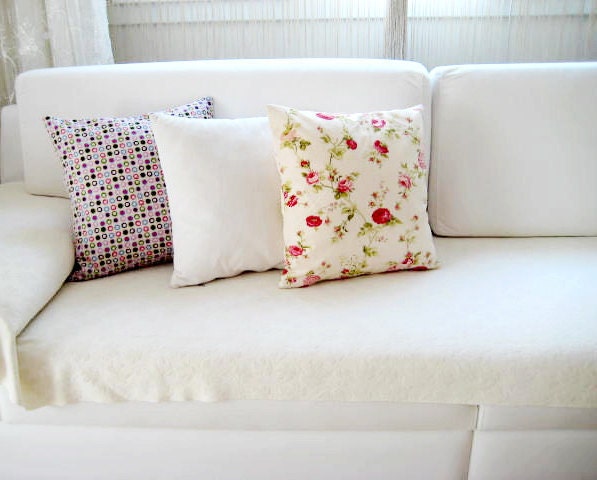 Shabby Chic Home - Linen Cream Pillow Covers with Green, Red and Pink Floral Print - 18x18" - Gift for Her, for Mom