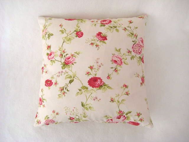 Shabby Chic Home - Linen Cream Pillow Covers with Green, Red and Pink Floral Print - 18x18" - Gift for Her, for Mom