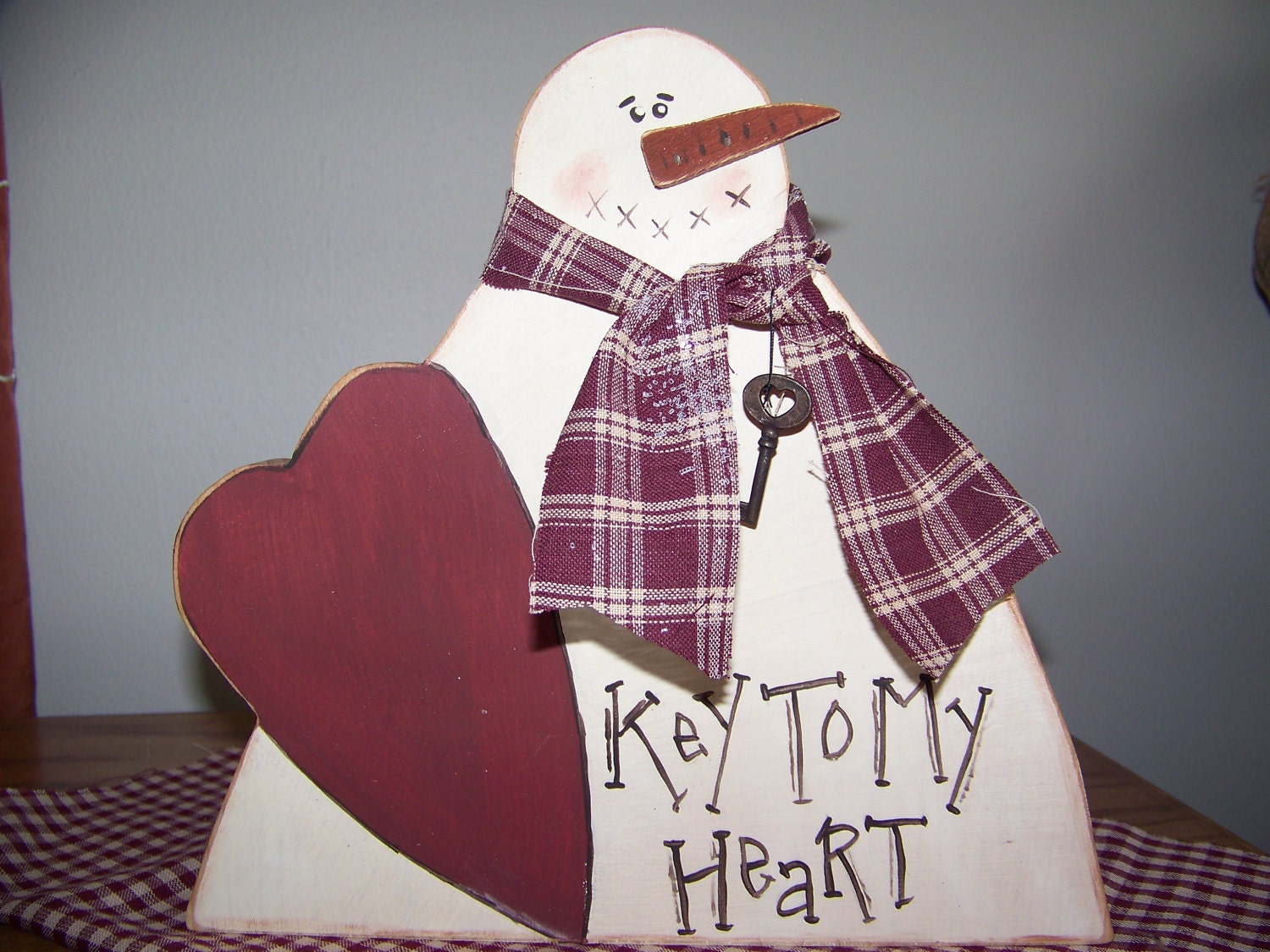 Key To My Heart Wooden Primitive Valentine Snowman
