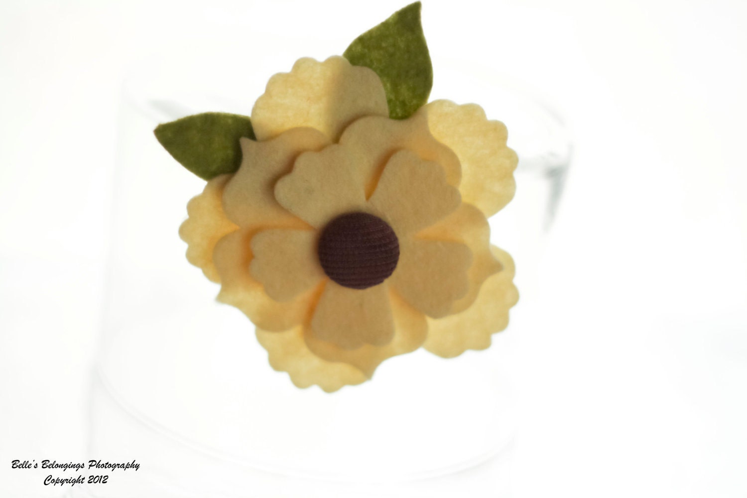 100% Wool Felt Flower Hair Clip-Light Yellow Flower with Green Leaves-Fabric Covered Brad