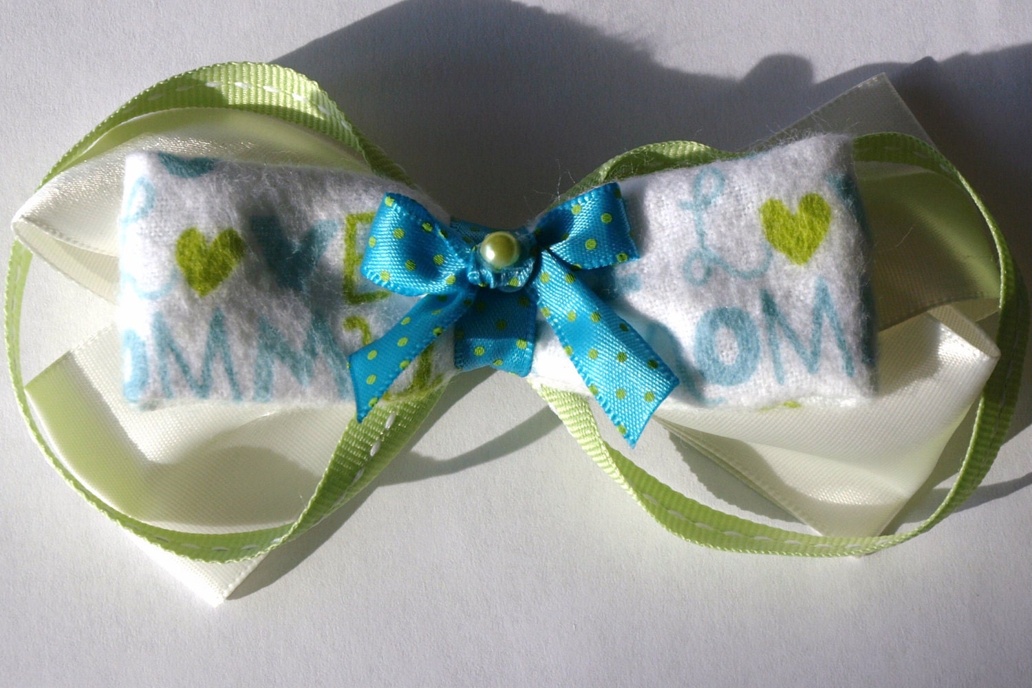 blue and green I love mommy hair bow.