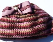 purple, pink, brown 100% wool crocheted baby hat with bow